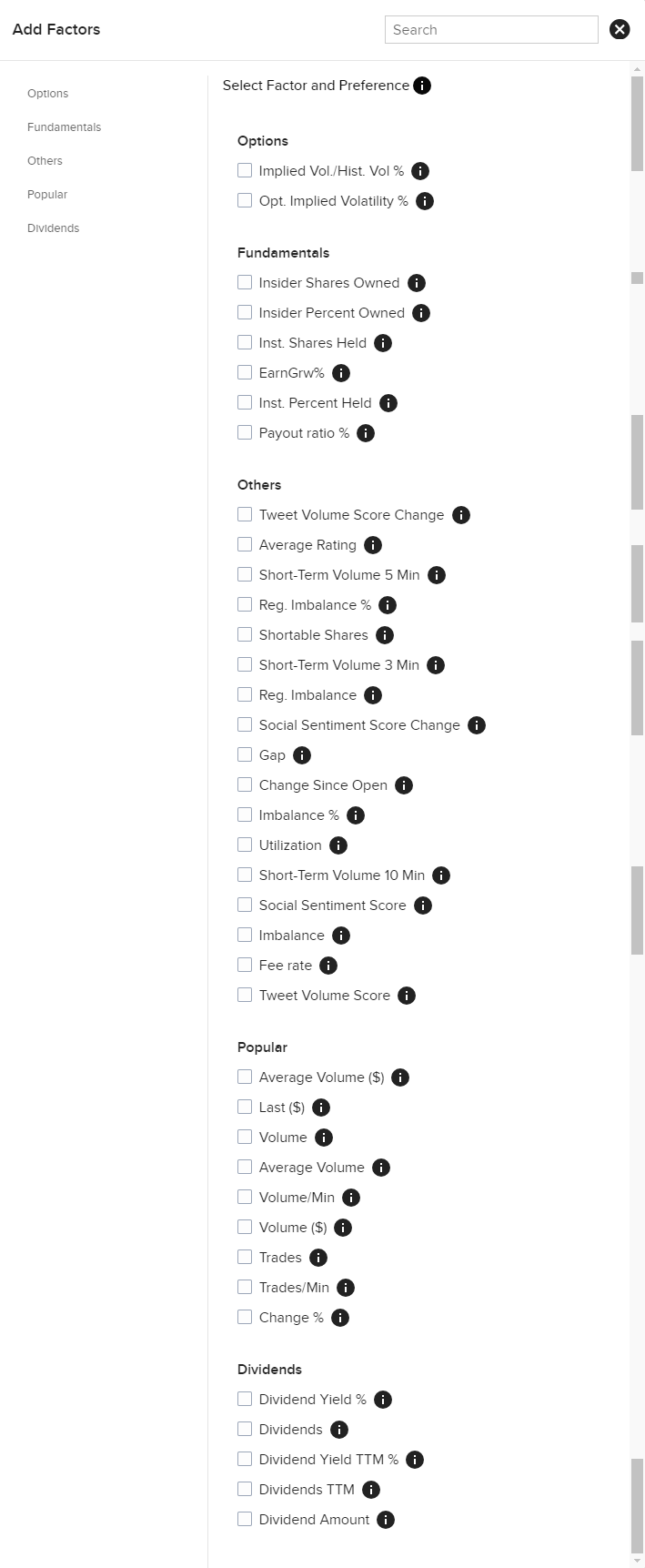 Image of the market screener add sort factor in portal. 